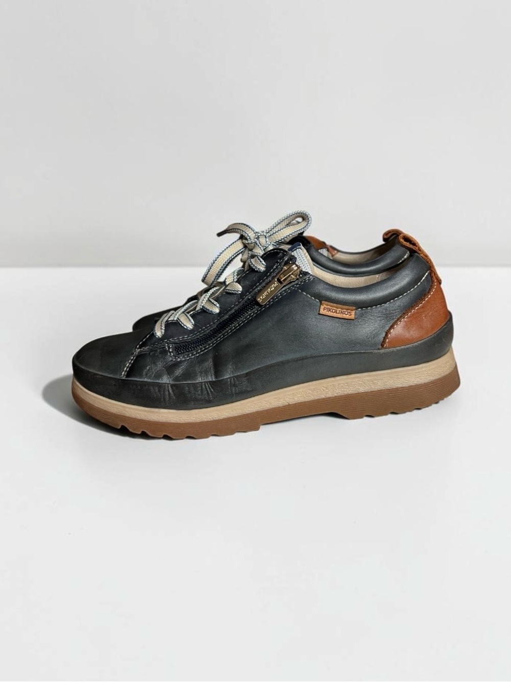 🌻Pikolinos Vigo Ocean Blue Leather Sneakers Side Zip Lace Up Size 37 US 6.5-7